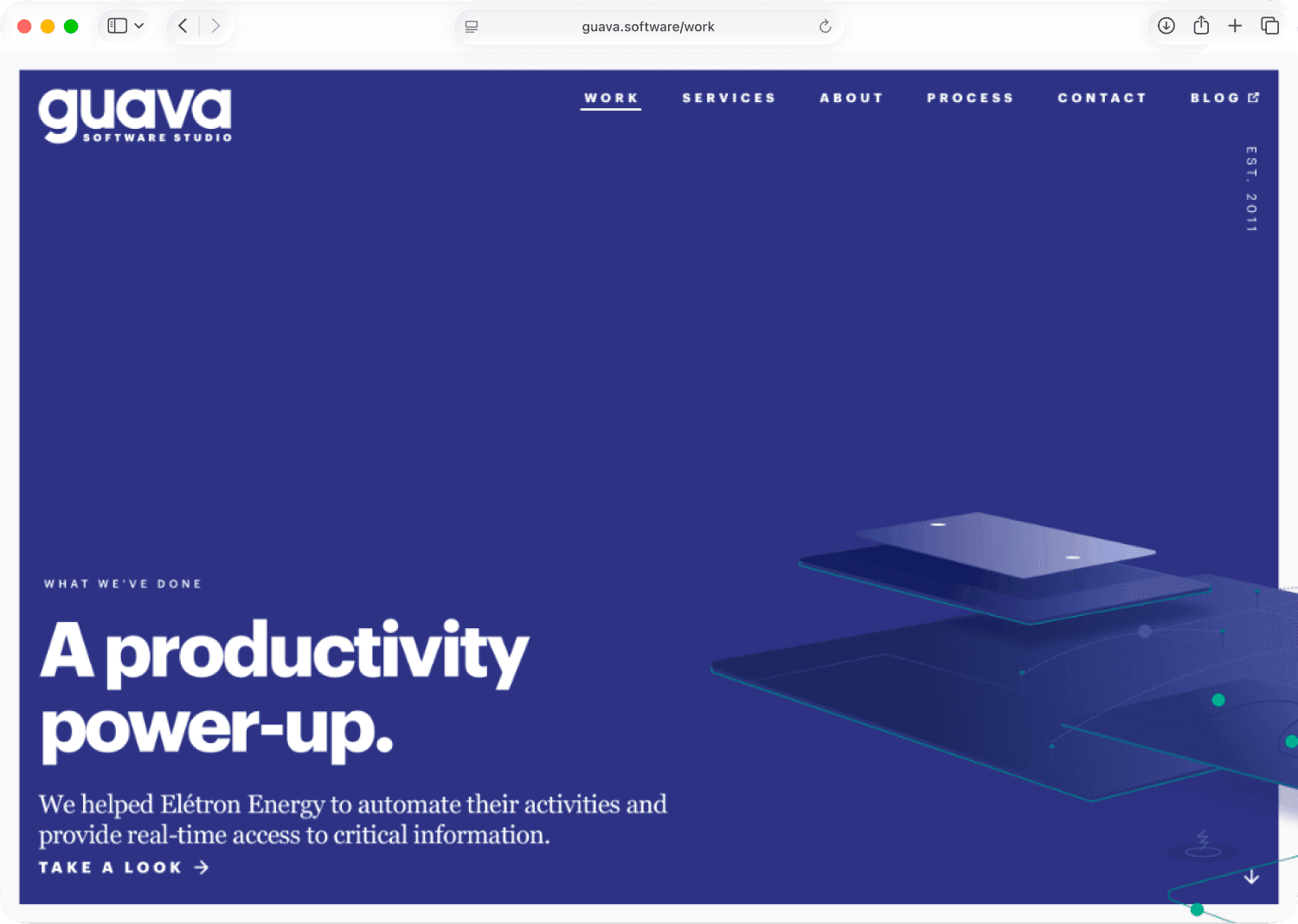 Guava’s work page — “A productivity power-up,” a case study about helping Elétron Energy automate their operations, with a 3D illustration of stacked panels.