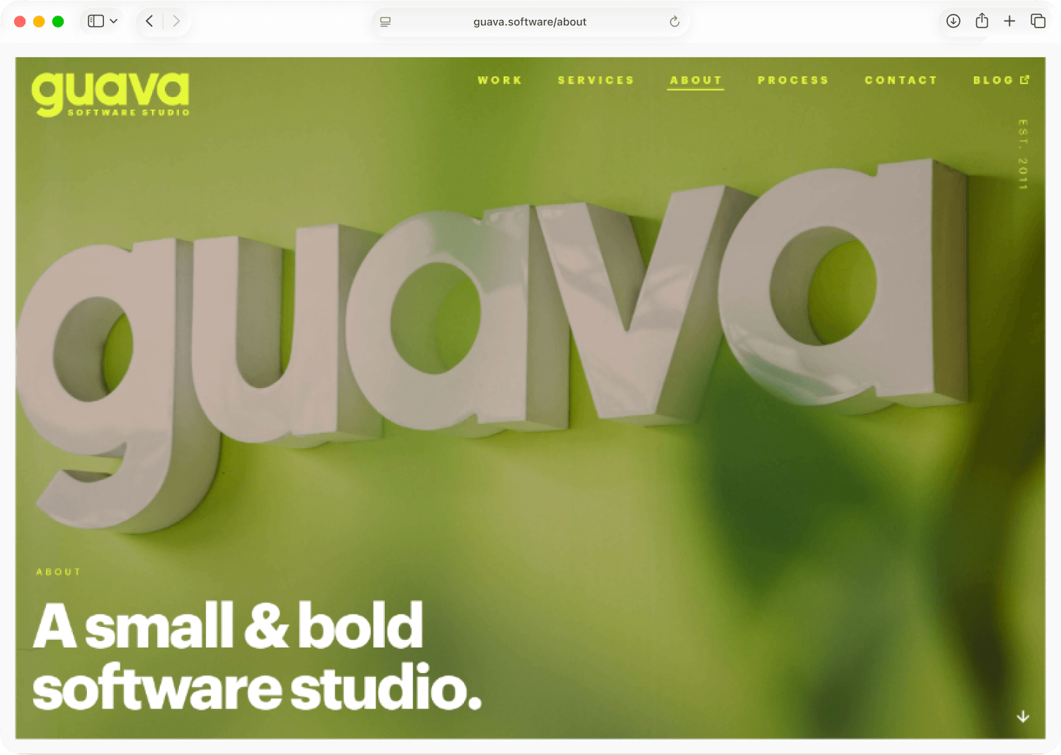 Guava’s about page — the brand name “guava” formed from large three-dimensional letters on a green wall, under the line “A small & bold software studio.”
