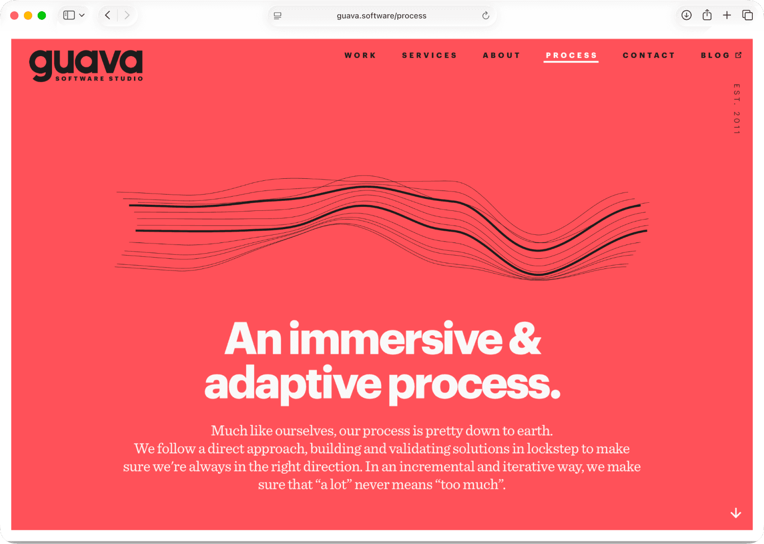 Guava’s process page — the headline “An immersive & adaptive process.” over a flowing line illustration on a coral background.