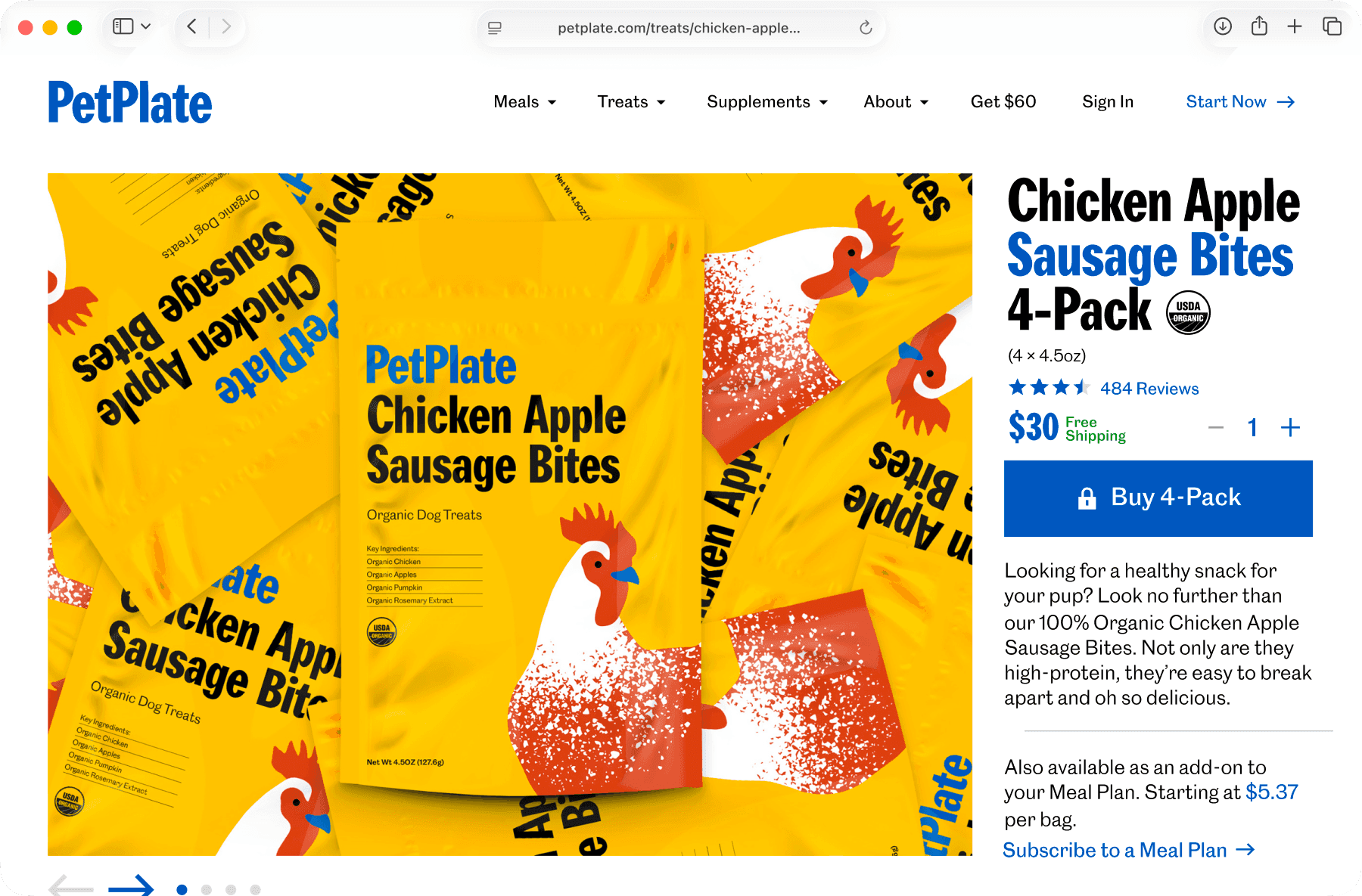 A PetPlate product page on the web — the “Chicken Apple Sausage Bites 4-Pack,” with its star rating, $30 price, quantity stepper, a “Buy 4-Pack” button, and a meal-plan add-on option.