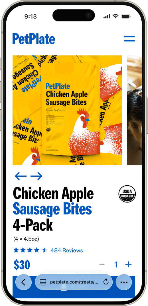 The same product on a phone — the “Chicken Apple Sausage Bites 4-Pack” page with its photo carousel, rating, and price.