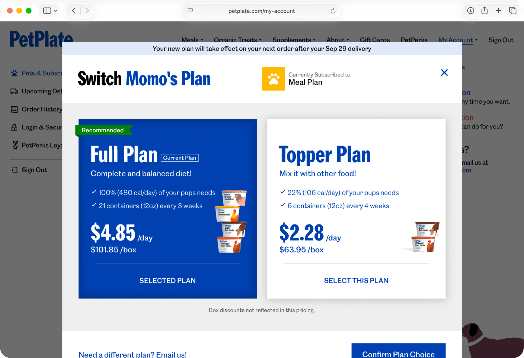The plan-switching dialog on the PetPlate website — comparing the recommended “Full Plan” against the “Topper Plan,” each with its calories, cadence, and price.