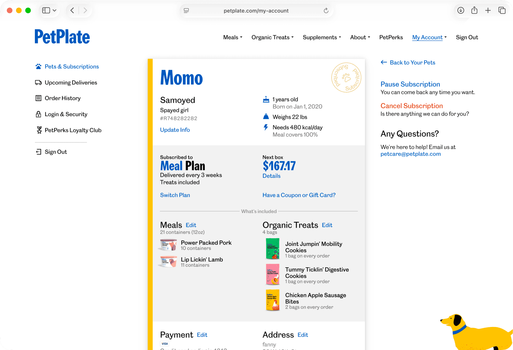 A dog’s meal-plan dashboard on the PetPlate website — Momo the Samoyed’s profile and feeding needs, the current Meal Plan and next-box total, and the meals and treats included.