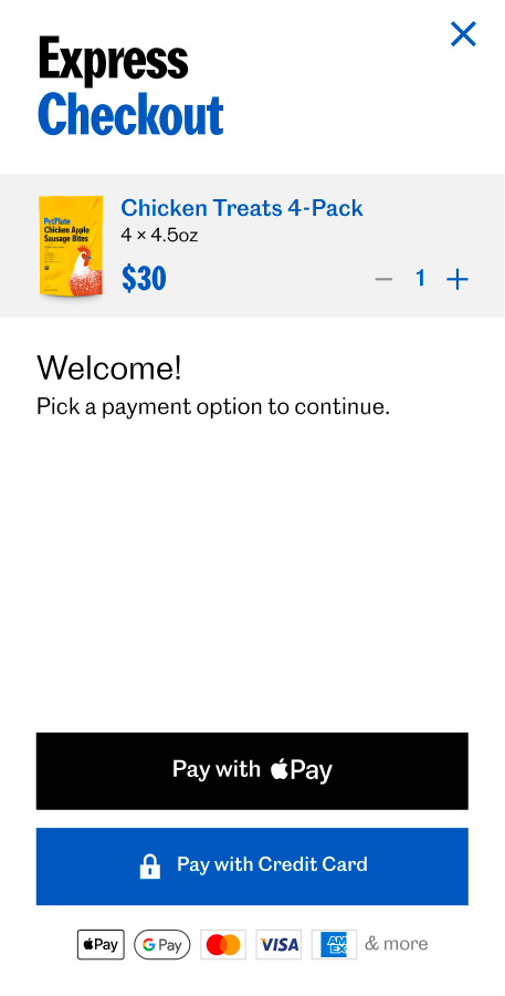 The express checkout on a card — a “Welcome!” step asking the customer to pick a payment option, offering Apple Pay or credit card.