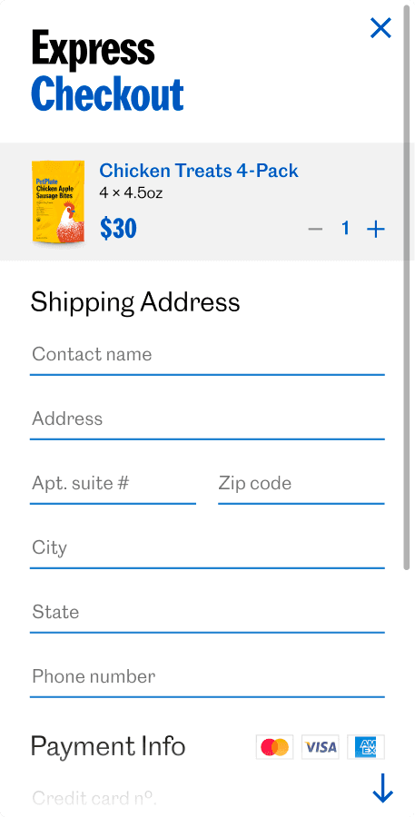 The checkout’s shipping-address step — a form for contact and address details above the payment-info section.