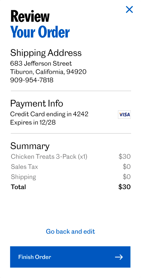 The “Review Your Order” step — the shipping address, payment info, and an order summary totaling $30, with a “Finish Order” button.