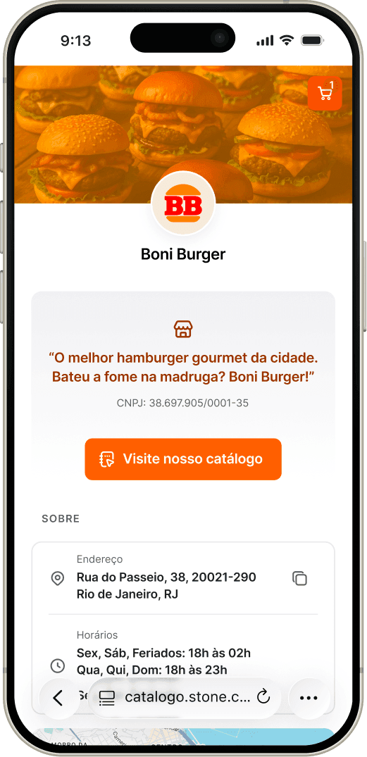 Boni Burger’s online catalog home on a phone — a hero banner of burgers, the BB logo, a tagline with a “Visite nosso catálogo” button, and the shop’s address and opening hours.