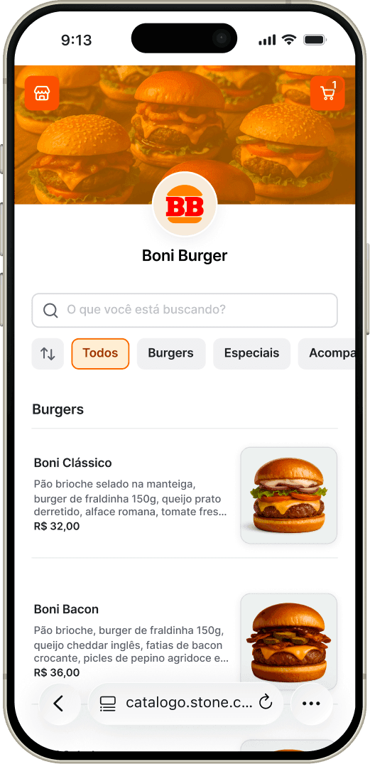 The catalog’s product list on a phone — a search field, the Burgers/Especiais/Acompanhamentos category tabs, and burger cards such as “Boni Clássico” (R$ 32,00) and “Boni Bacon” (R$ 36,00), each with a photo and short description.