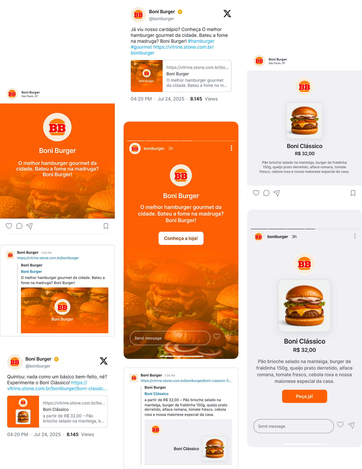The catalog’s content shared across channels — Boni Burger’s “Boni Clássico” appearing in Instagram posts and stories, X posts, direct-message replies, and rich link previews of the store.