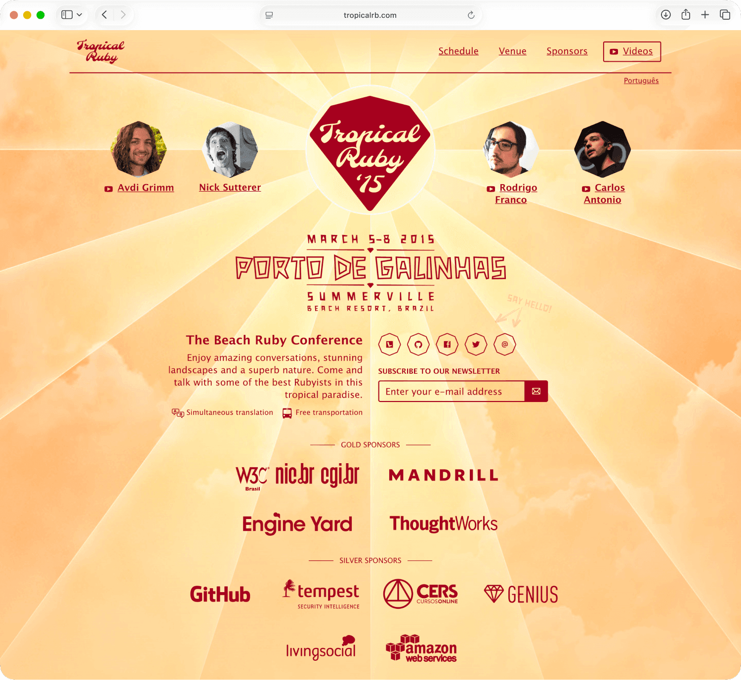 The Tropical Ruby 2015 conference website — the home page with the diamond logo, featured speakers, the March 5–8 dates and Porto de Galinhas location, a newsletter sign-up, and rows of sponsors.