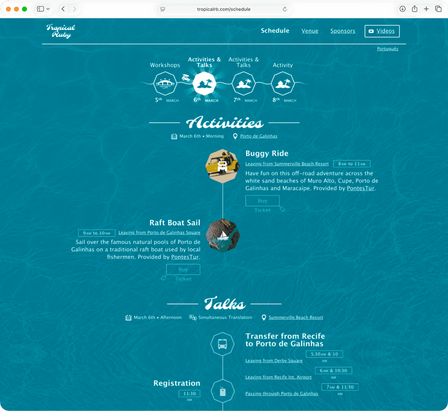 The conference schedule page — a four-day timeline and details for activities like a buggy ride and a raft-boat sail, plus talks and transfer information.