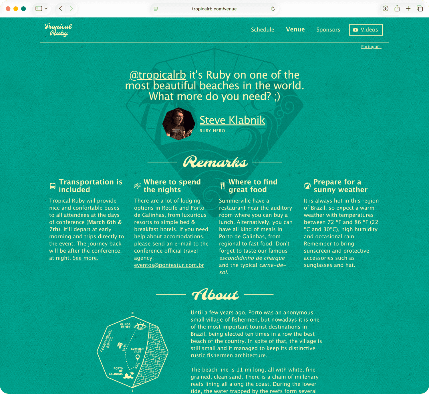 Another section of the conference site — a Steve Klabnik testimonial calling it “Ruby on one of the most beautiful beaches in the world,” a “Remarks” block on transportation, lodging, food and weather, and an “About” summary.