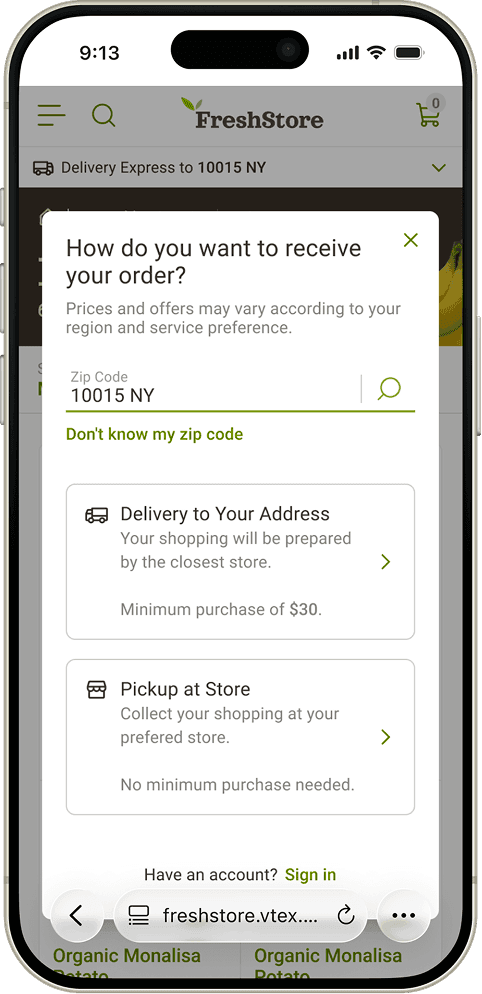 The next step on a phone — “How do you want to receive your order?” offering “Delivery to Your Address” or “Pickup at Store,” each with its conditions.