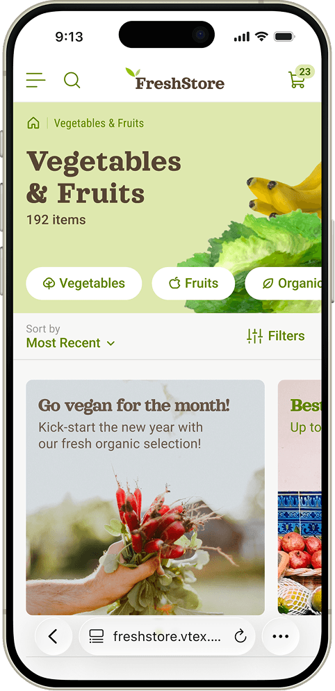 The FreshStore grocery app on a phone — the “Vegetables & Fruits” category with 192 items, filter chips, a sort control, and a “Go vegan for the month!” promotional banner.