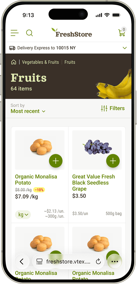 The “Fruits” product list on a phone — cards for items like Organic Monalisa Potato and Black Seedless Grape, each showing its price, a unit selector, and an add button.