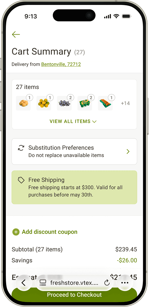 The cart summary on a phone — 27 items, substitution preferences, a free-shipping note, the running subtotal and savings, and a “Proceed to Checkout” button.