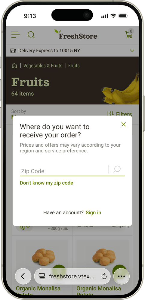 The delivery setup on a phone — a “Where do you want to receive your order?” dialog asking for a ZIP code over the dimmed store.