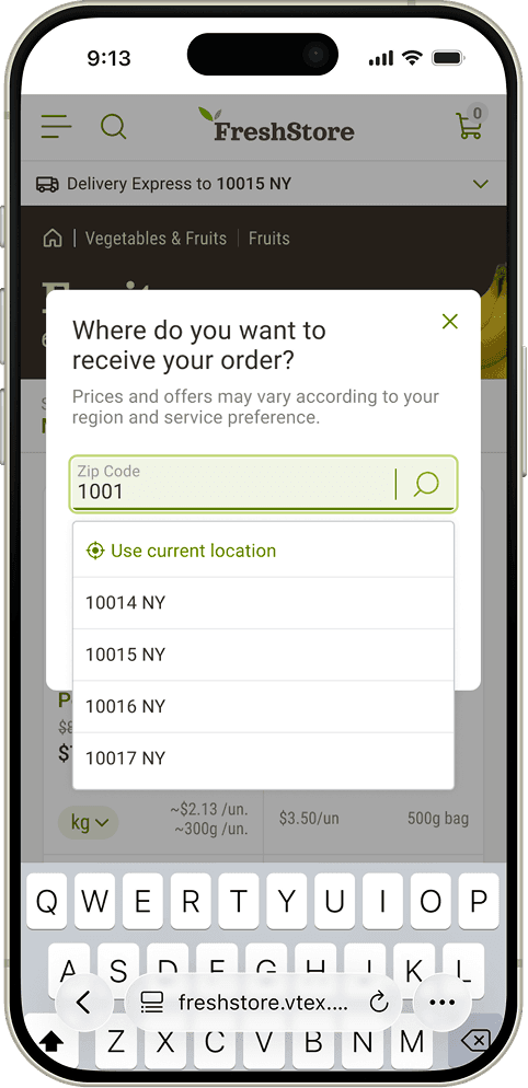 The same dialog with a ZIP code being typed — a “Use current location” option and matching ZIP suggestions appear above the keyboard.