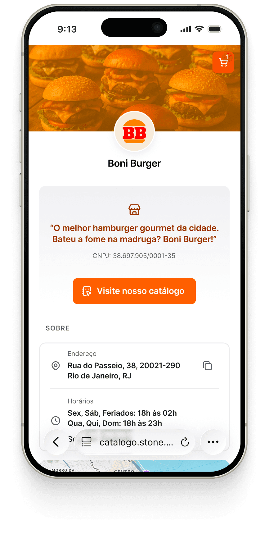 The store’s profile in the catalog — its logo, tagline, address, and opening hours.