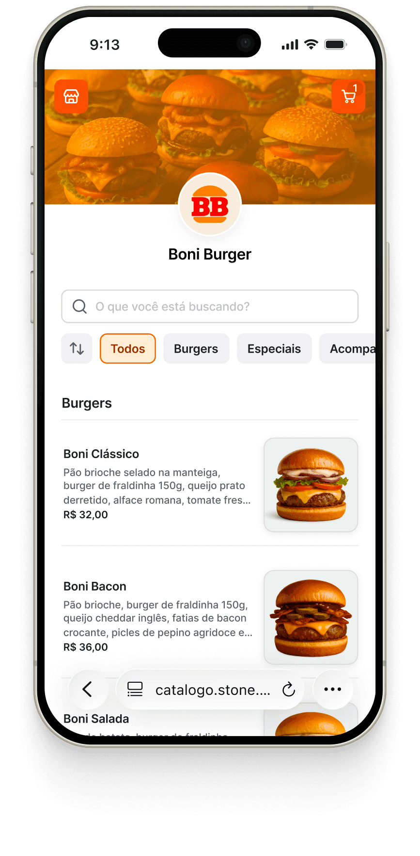 The catalog’s product list, with a search field, category filters, and items grouped by type.