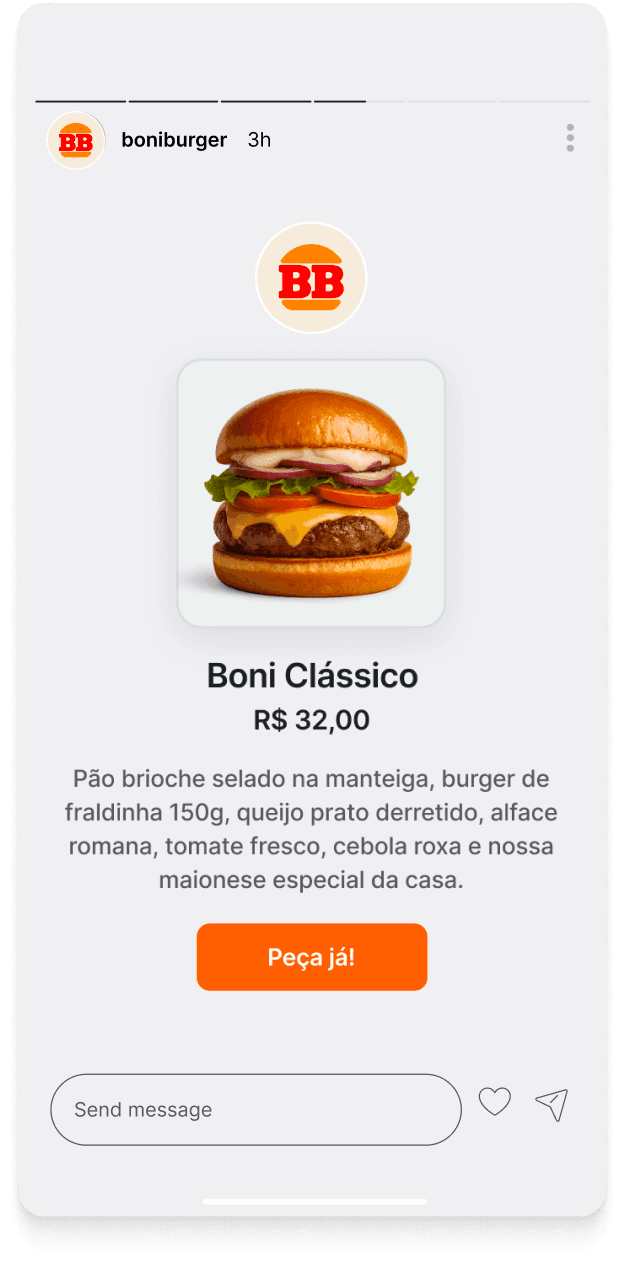 An Instagram story sharing a product — a burger with its price, description, and a button to order it.