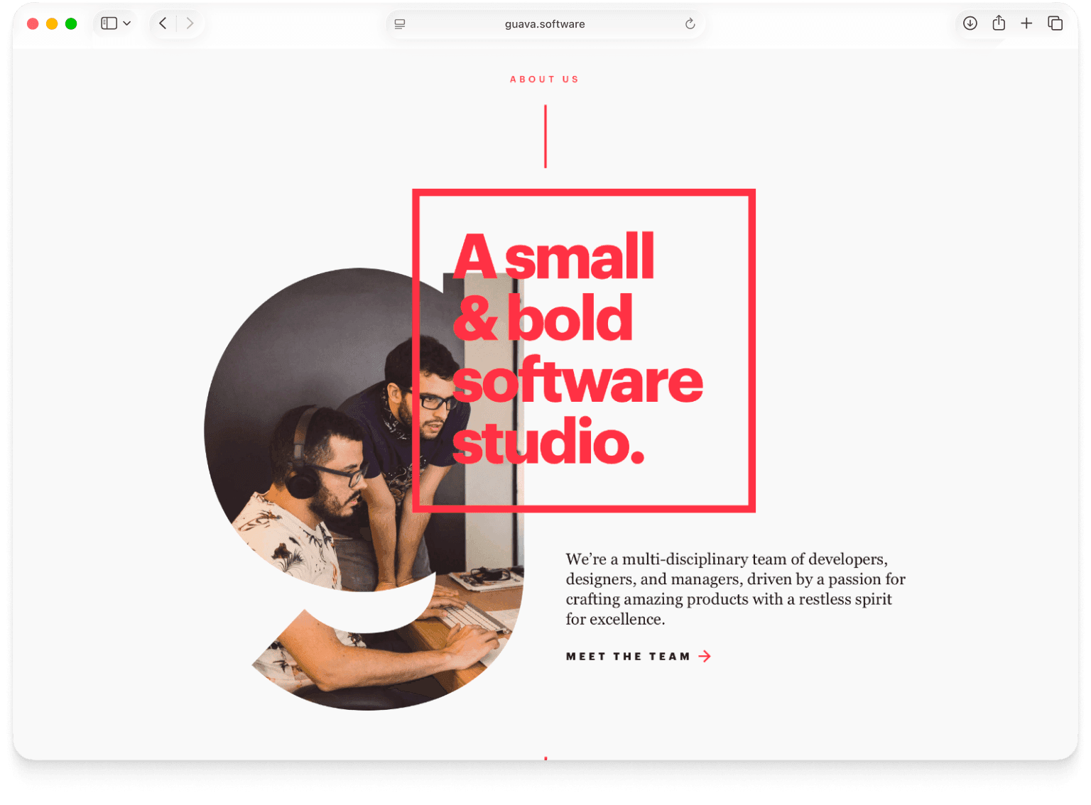 The Guava software studio website — an “About us” hero with the red headline “A small & bold software studio.” beside a circular photo of the team at work.