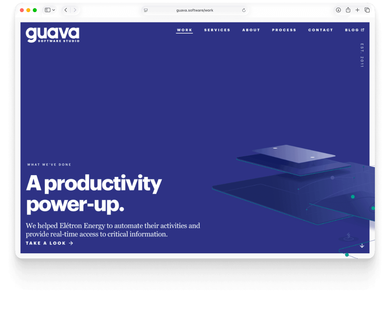 Guava’s work page — “A productivity power-up,” a case study about helping Elétron Energy automate their operations, with a 3D illustration of stacked panels.