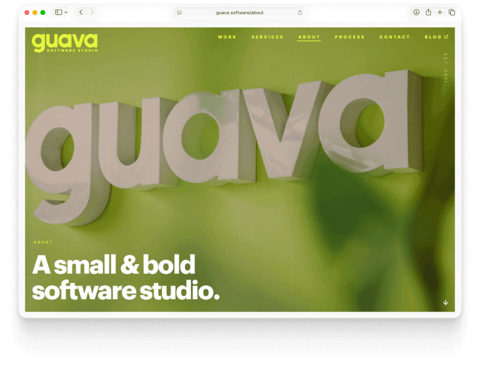 Guava’s about page — the brand name “guava” formed from large three-dimensional letters on a green wall, under the line “A small & bold software studio.”