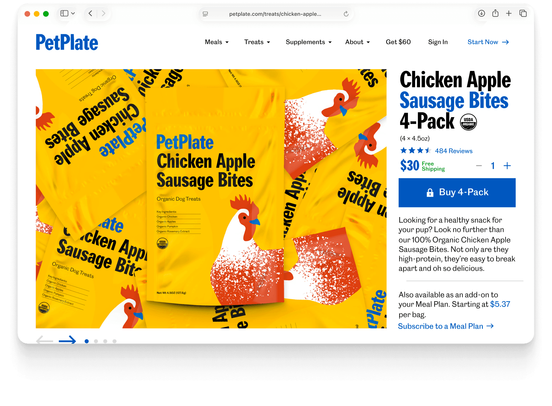 A PetPlate product page on the web — the “Chicken Apple Sausage Bites 4-Pack,” with its star rating, $30 price, quantity stepper, a “Buy 4-Pack” button, and a meal-plan add-on option.