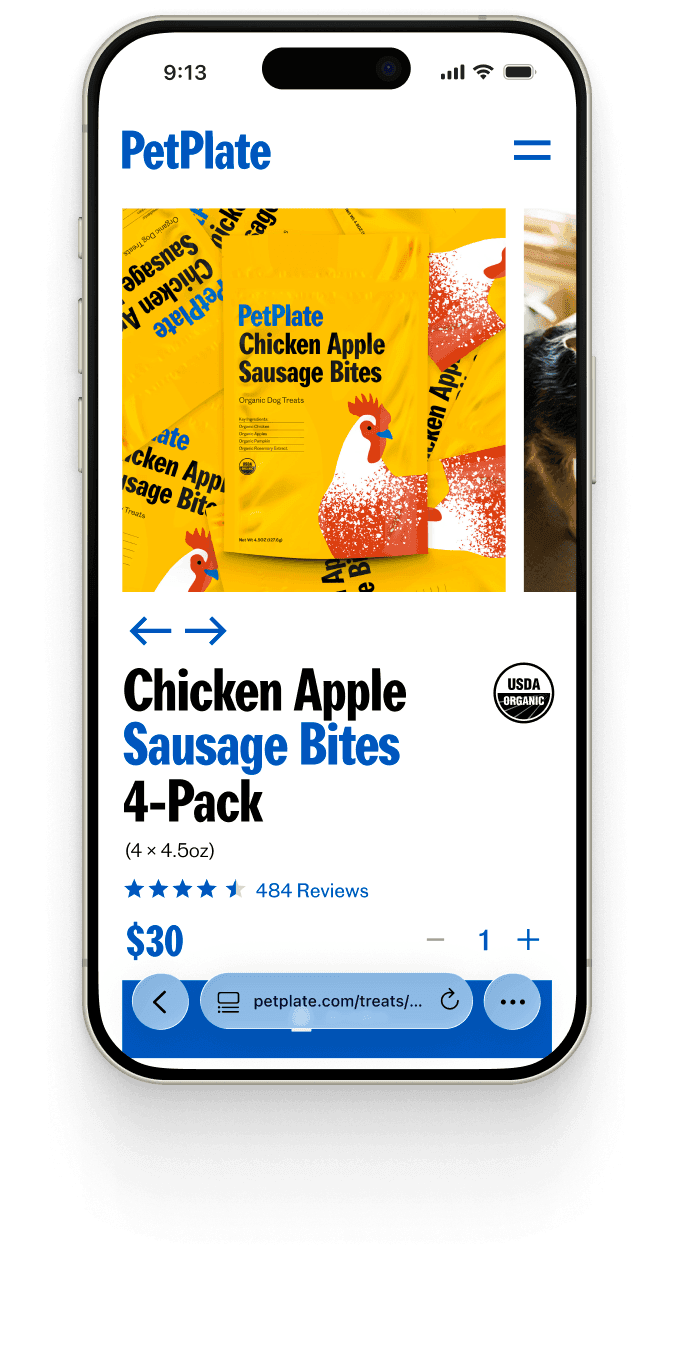 The same product on a phone — the “Chicken Apple Sausage Bites 4-Pack” page with its photo carousel, rating, and price.