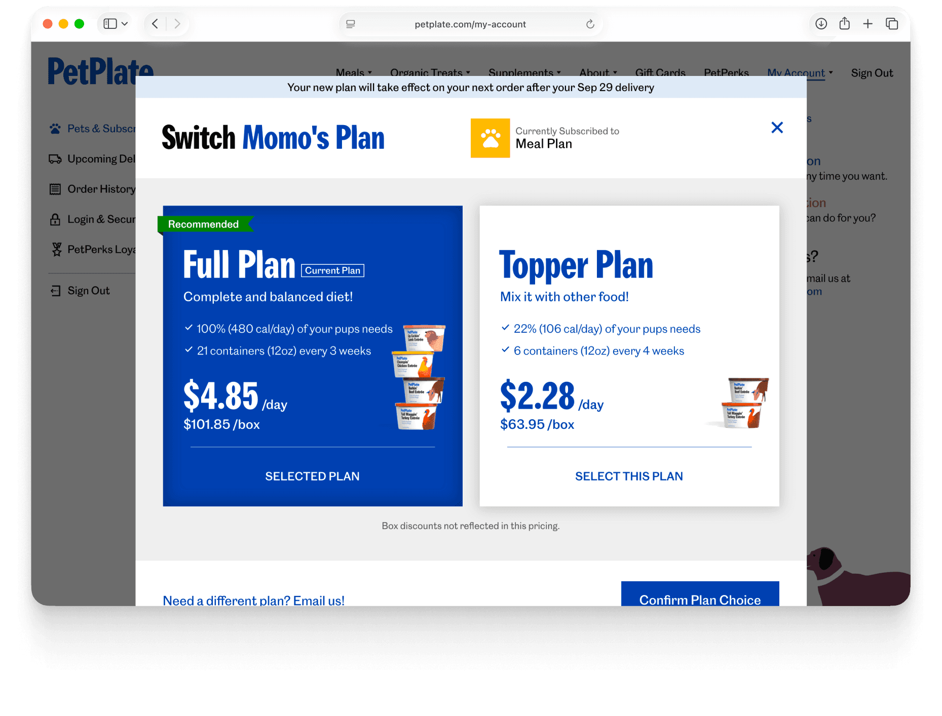 The plan-switching dialog on the PetPlate website — comparing the recommended “Full Plan” against the “Topper Plan,” each with its calories, cadence, and price.