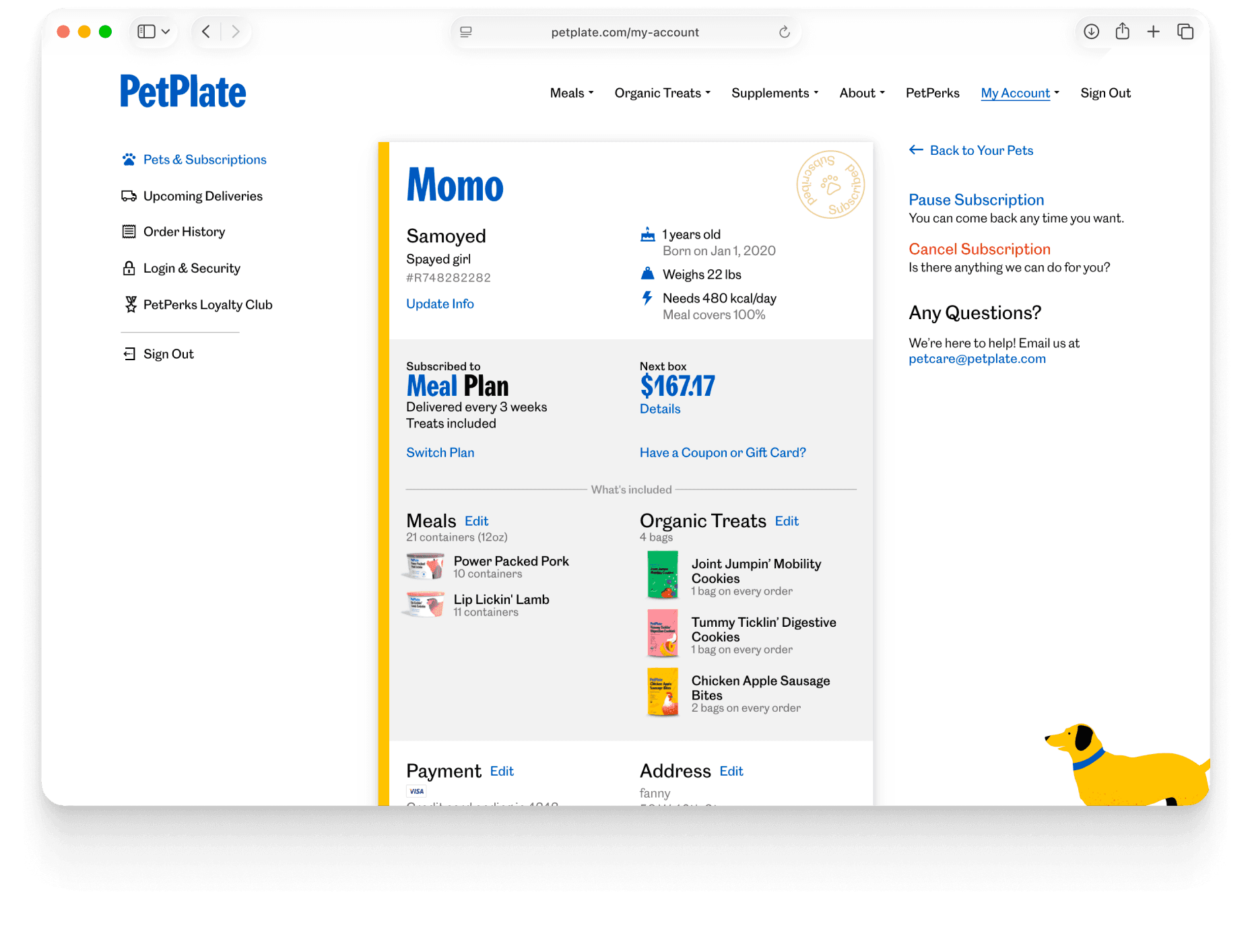 A dog’s meal-plan dashboard on the PetPlate website — Momo the Samoyed’s profile and feeding needs, the current Meal Plan and next-box total, and the meals and treats included.