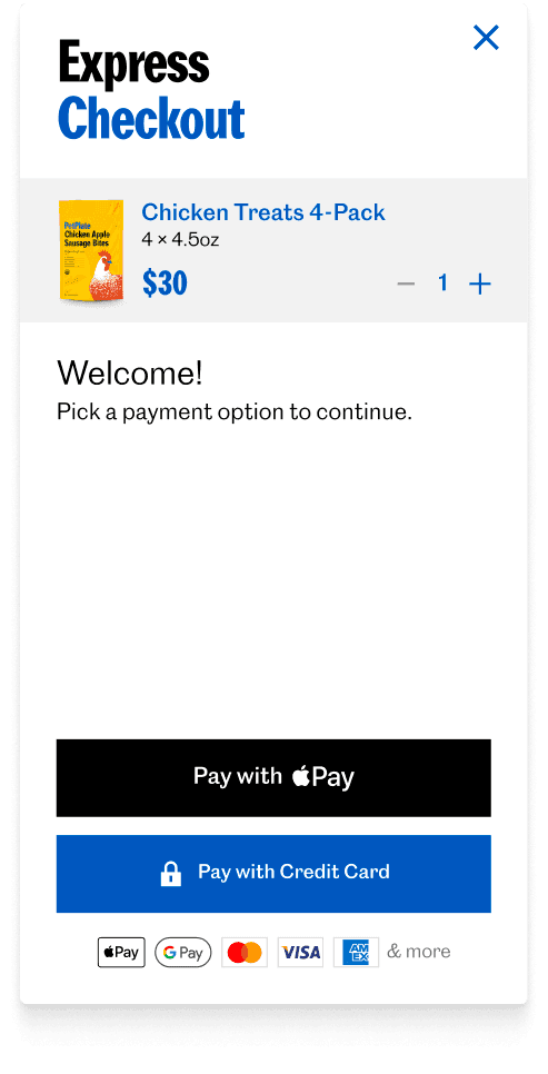 The express checkout on a card — a “Welcome!” step asking the customer to pick a payment option, offering Apple Pay or credit card.