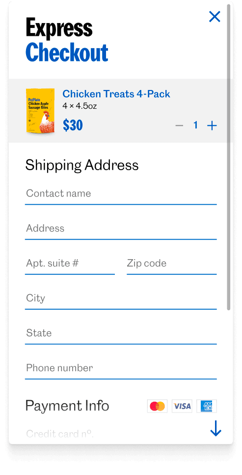 The checkout’s shipping-address step — a form for contact and address details above the payment-info section.