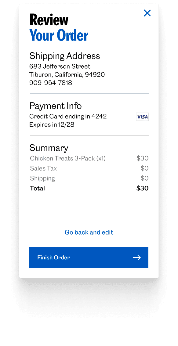 The “Review Your Order” step — the shipping address, payment info, and an order summary totaling $30, with a “Finish Order” button.