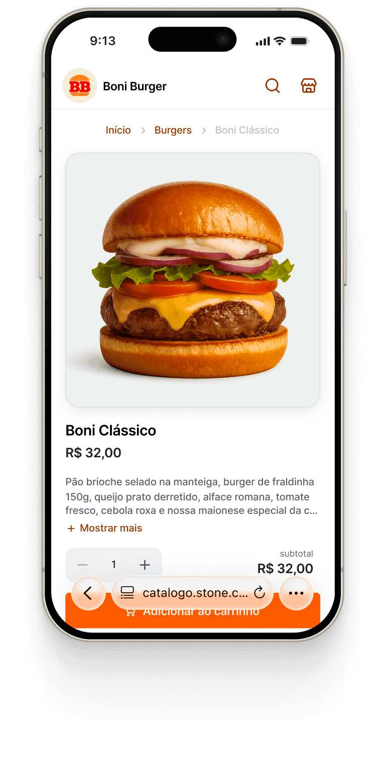 A product page on a phone — a large photo of the “Boni Clássico” burger, its R$ 32,00 price, the full ingredient list, and an add-to-cart button.