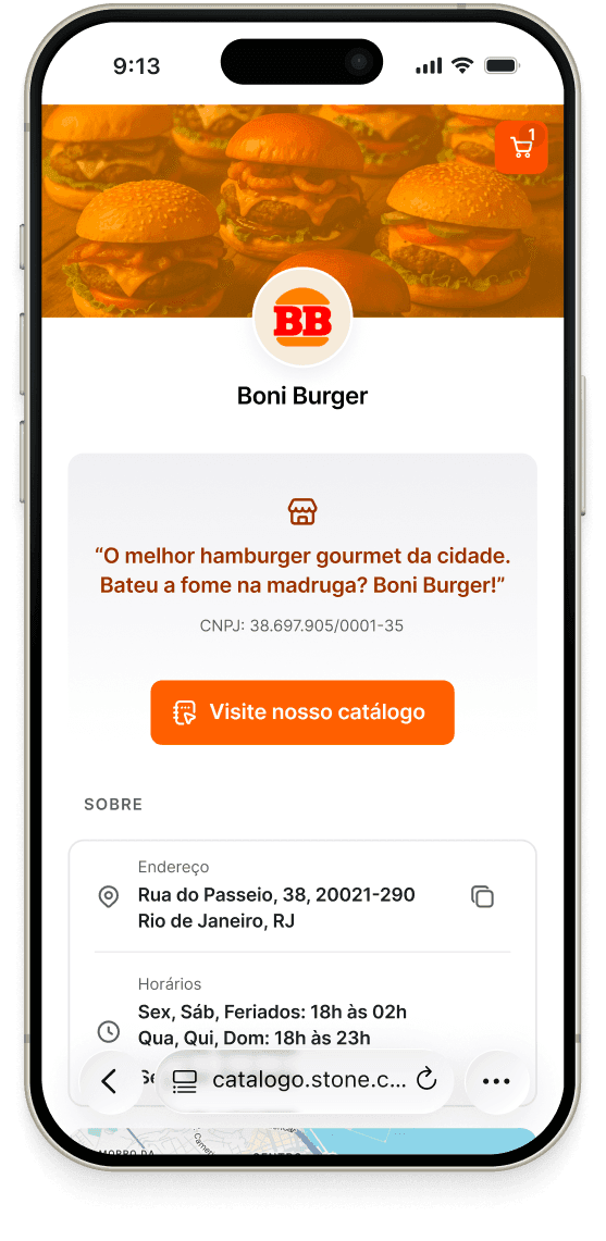Boni Burger’s online catalog home on a phone — a hero banner of burgers, the BB logo, a tagline with a “Visite nosso catálogo” button, and the shop’s address and opening hours.
