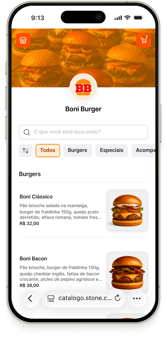 The catalog’s product list on a phone — a search field, the Burgers/Especiais/Acompanhamentos category tabs, and burger cards such as “Boni Clássico” (R$ 32,00) and “Boni Bacon” (R$ 36,00), each with a photo and short description.