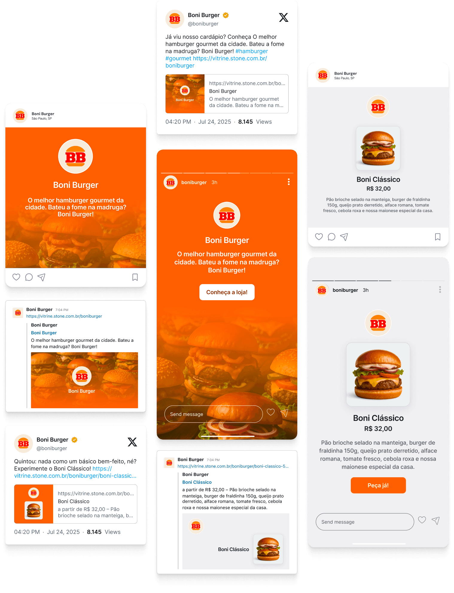 The catalog’s content shared across channels — Boni Burger’s “Boni Clássico” appearing in Instagram posts and stories, X posts, direct-message replies, and rich link previews of the store.