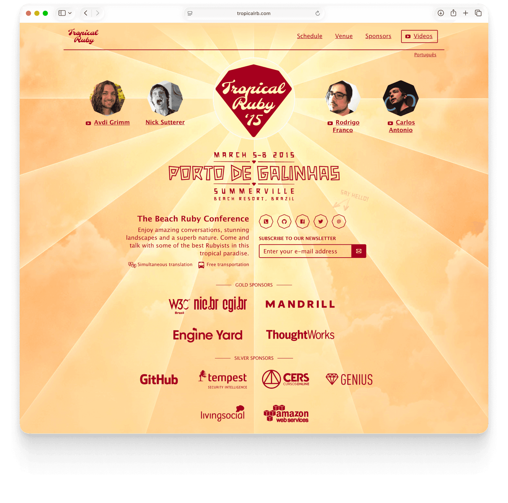 The Tropical Ruby 2015 conference website — the home page with the diamond logo, featured speakers, the March 5–8 dates and Porto de Galinhas location, a newsletter sign-up, and rows of sponsors.