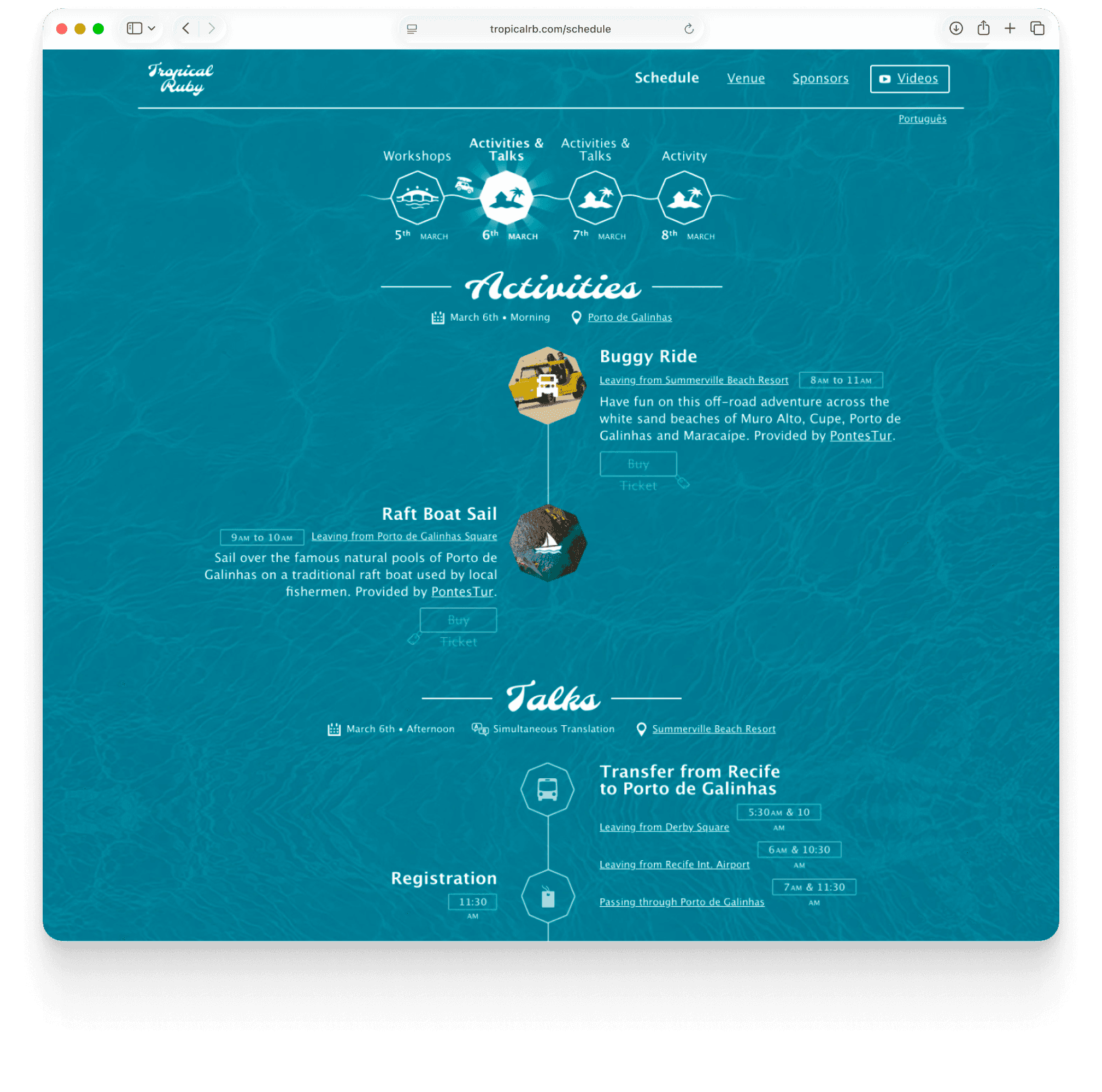 The conference schedule page — a four-day timeline and details for activities like a buggy ride and a raft-boat sail, plus talks and transfer information.