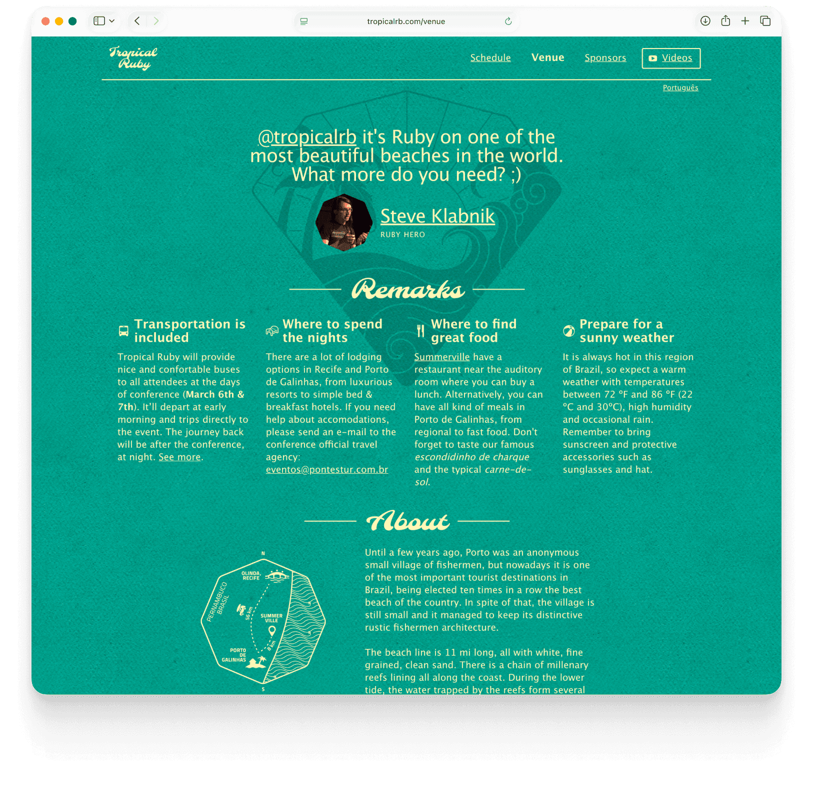 Another section of the conference site — a Steve Klabnik testimonial calling it “Ruby on one of the most beautiful beaches in the world,” a “Remarks” block on transportation, lodging, food and weather, and an “About” summary.