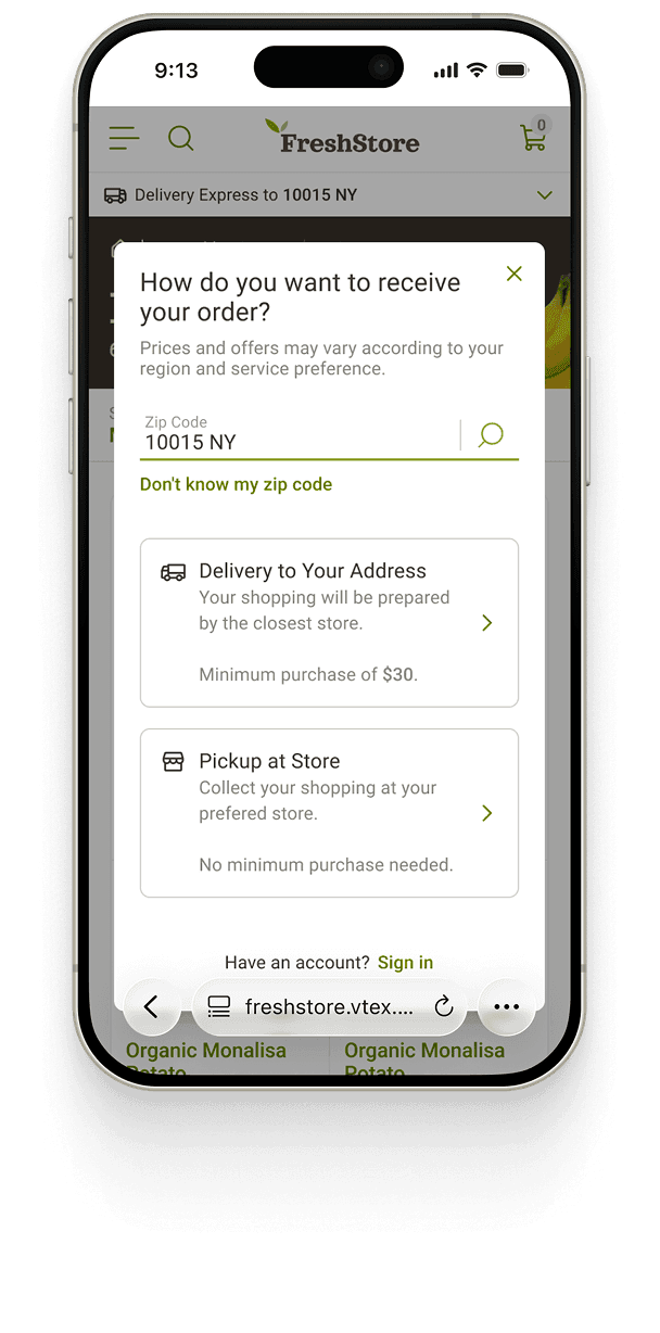 The next step on a phone — “How do you want to receive your order?” offering “Delivery to Your Address” or “Pickup at Store,” each with its conditions.