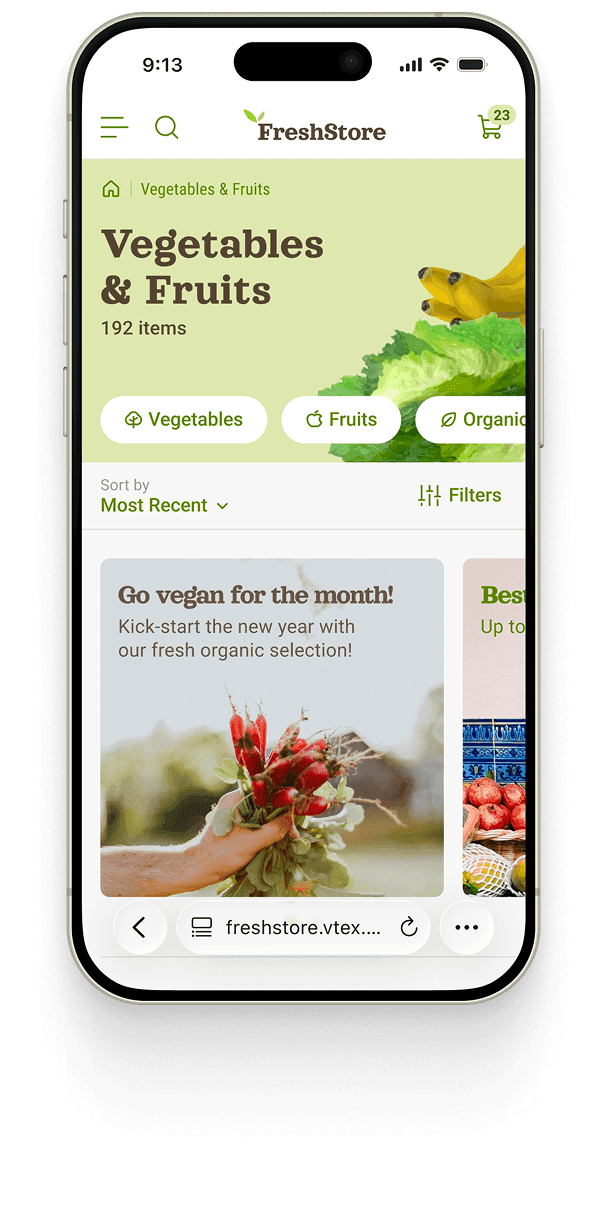 The FreshStore grocery app on a phone — the “Vegetables & Fruits” category with 192 items, filter chips, a sort control, and a “Go vegan for the month!” promotional banner.