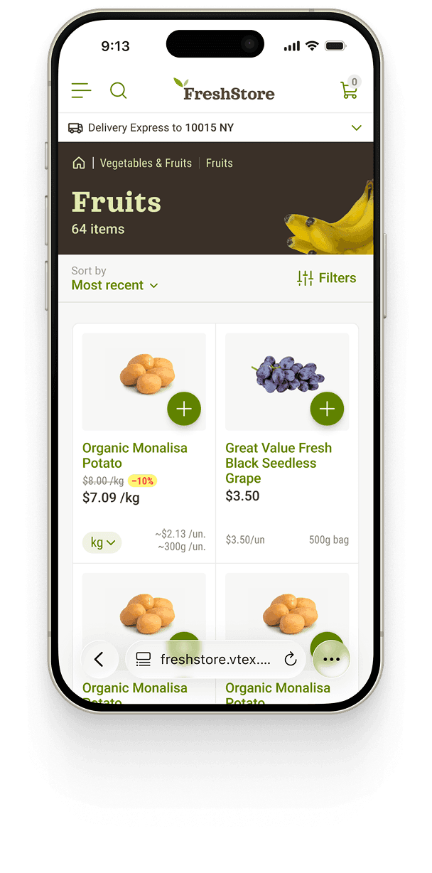 The “Fruits” product list on a phone — cards for items like Organic Monalisa Potato and Black Seedless Grape, each showing its price, a unit selector, and an add button.