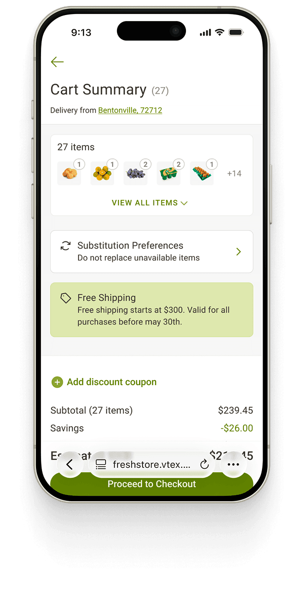 The cart summary on a phone — 27 items, substitution preferences, a free-shipping note, the running subtotal and savings, and a “Proceed to Checkout” button.