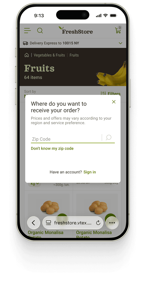 The delivery setup on a phone — a “Where do you want to receive your order?” dialog asking for a ZIP code over the dimmed store.