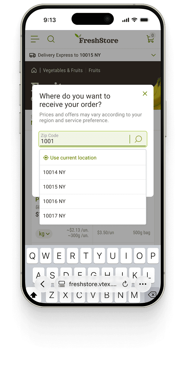 The same dialog with a ZIP code being typed — a “Use current location” option and matching ZIP suggestions appear above the keyboard.