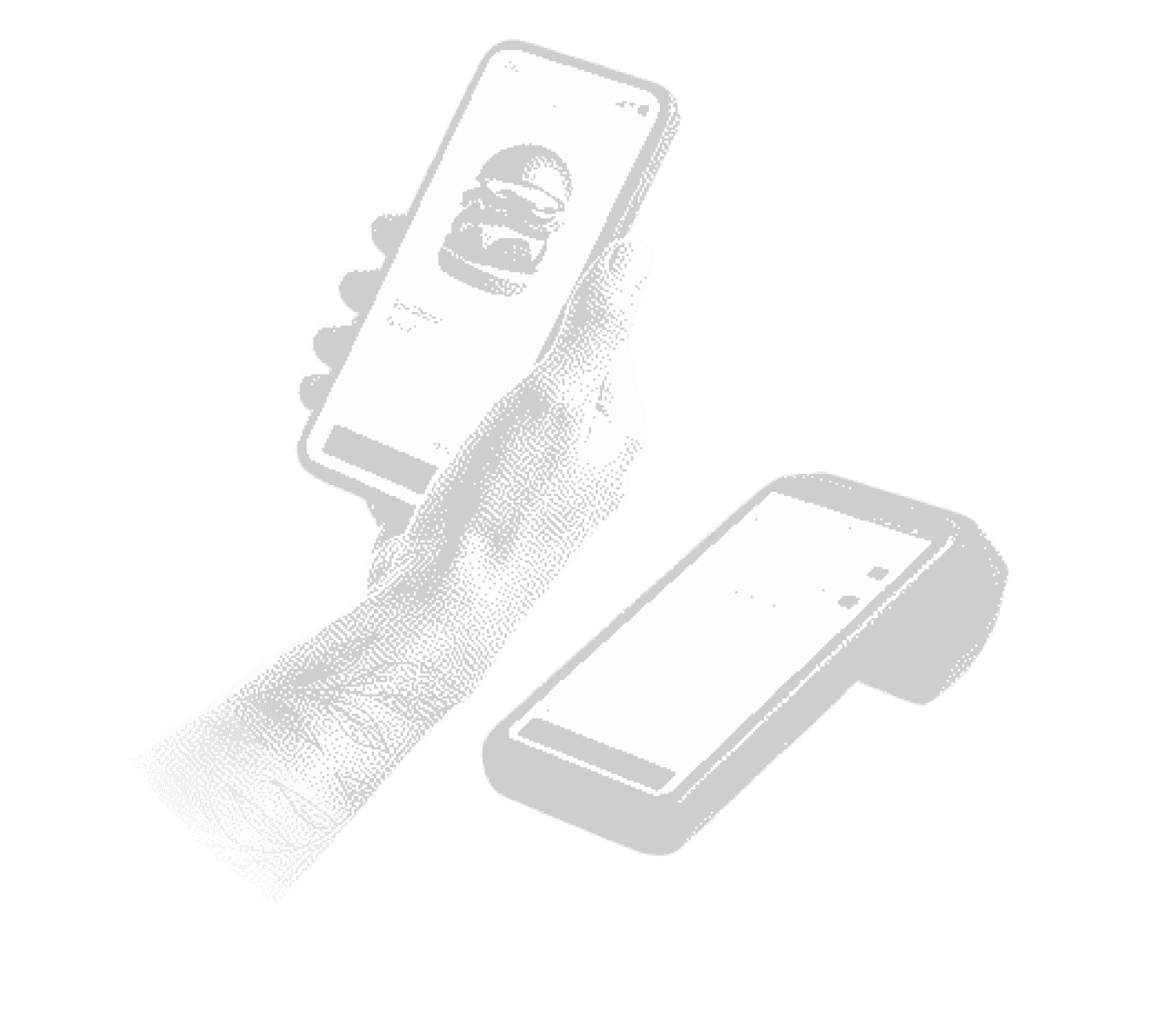 Illustration of a hand holding a phone that shows a burger from the catalog, beside a Stone card machine.
