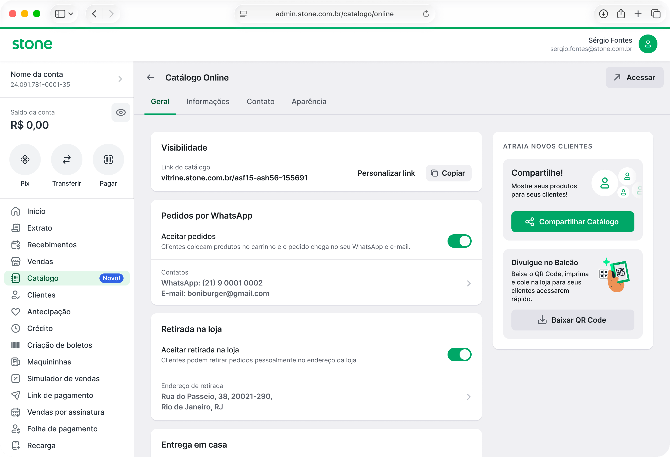 Online Catalog backoffice: General settings, sharing link, and WhatsApp orders.